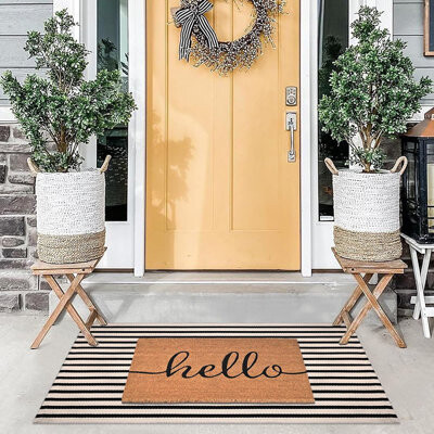Lark Manor Front Door Mat Set - Black & White - 100% Coco Coir Layered Striped Hello Welcome Indoor/Outdoor