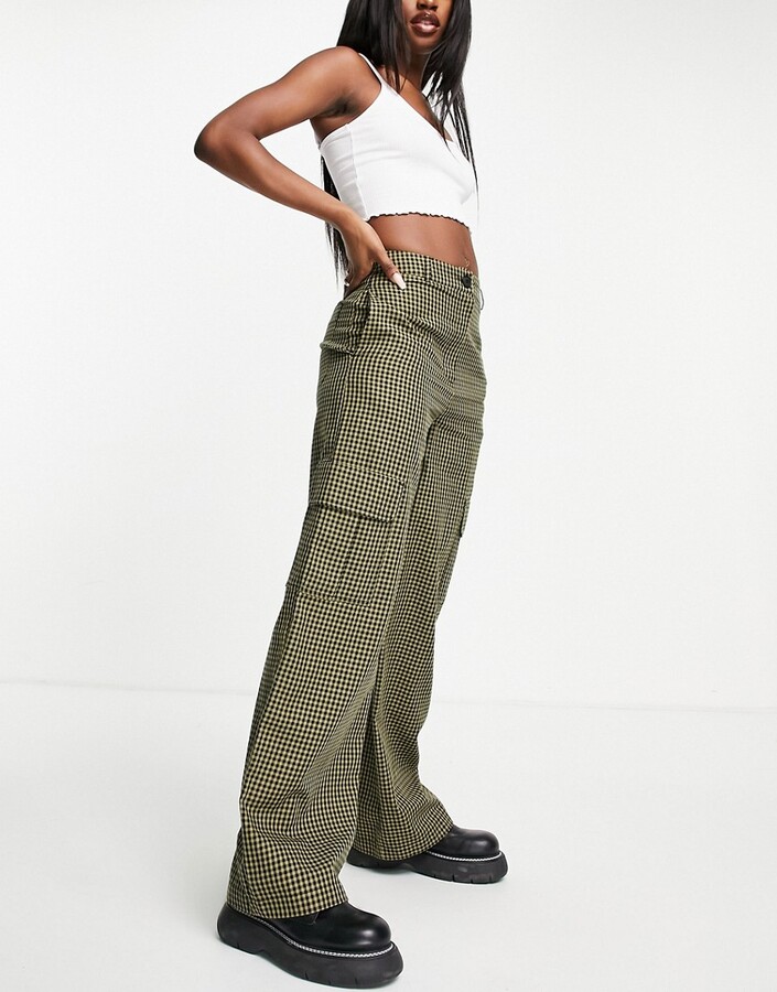 Topshop wide leg pant with utility pockets in khaki check - ShopStyle