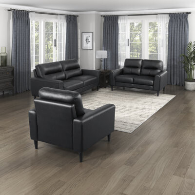 Latitude Run Upton Modern Contemporary Top Grain Leather 3-Piece Living Room Set with High-Density Foam Cushions, Solid Wood Legs & Attached Seating