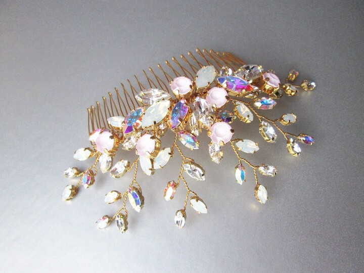 Etsy Iridescent Crystal Hair Comb Bridal Rhinestone Bridal Crystal Ab Headpiece Wedding Comb Opal Pink