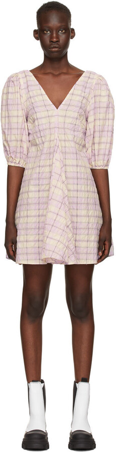 Ganni Purple Yellow Seersucker Check V-Neck Dress ShopStyle