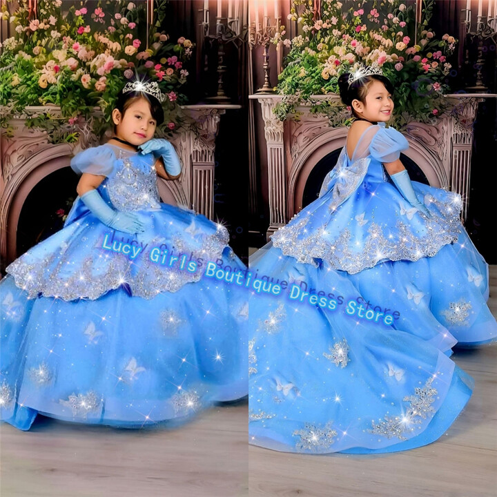 gdybao Flower Girl Dress Short Sleeves Blue Tulle Fluffy Bow Wedding Ball Dresses Little Princess Kids Birthday Party Evening Gowns