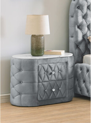 Everly Quinn 1Pc Oval Faux Marble Top Nightstand 2- Drawers Storage Gray Finish Button Tufted Faux Crystal Tufted