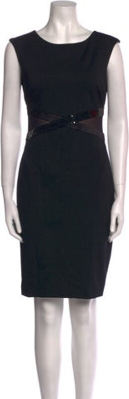 Halston Sheath Dress Black Leather Trim Embellishment Sleeveless with Bateau Neckline Concealed Zip Closure at Side