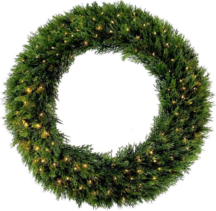 MERRILY 24 in. Dia. Wreath Cedar 70 LED Warm White Lights Battery Operation