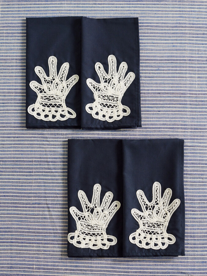 Gohar World - Hands Set Of Four Lace-appliquéd Cotton Napkins - Blue