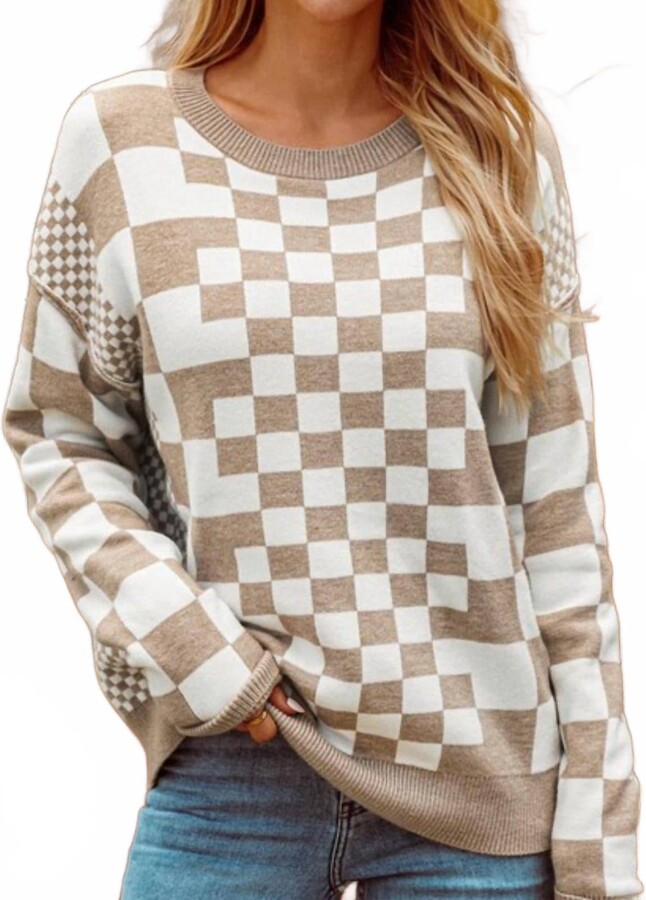 fashionworks Checkered Round Neck Sweater In Brown
