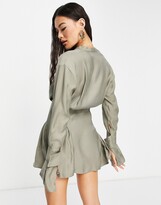 Thumbnail for your product : Aria Cove button-detail cinched waist mini shirt dress in olive