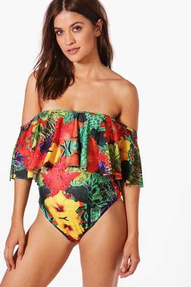 boohoo Maternity Off The Shoulder Frill Tropical Swimsuit