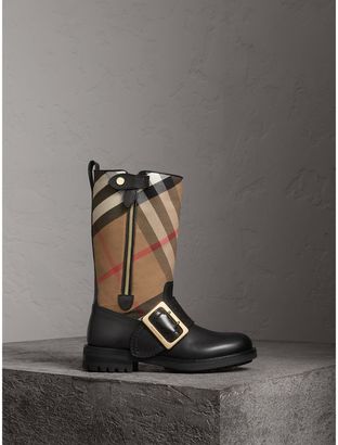 Burberry House Check Buckle Detail Leather Boots