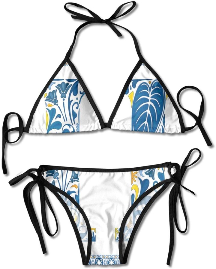 Fuliya Sexy Bikini Sets Azulejo Frame Flowers and Leaves Abstract Color ...