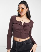 Thumbnail for your product : New Look long sleeve ruched button through top in brown