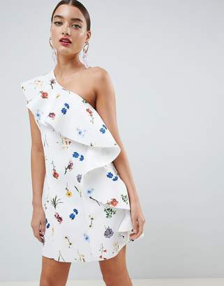 ASOS Design DESIGN floral one shoulder ruffle a-line mini dress
