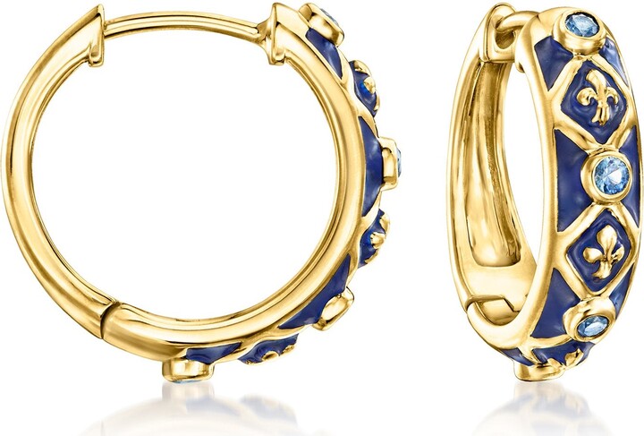 Ross-Simons Sapphire and Blue Enamel Fleur-De-Lis Hoop Earrings in 18kt Gold Over Sterling
