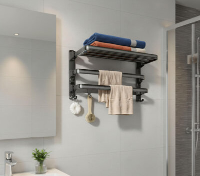 HENANCHANGHOU Matte Black Wall-Mounted Foldable Towel Rack Bathroom/Washroom Only Includes 2 Towel Bars + 7 Hooks Multi-Functional Storage And Organization Rack.