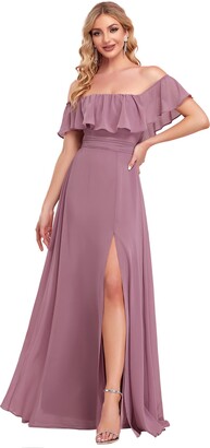 Ever-Pretty Women Evening Gowns A Line Off The Shoulder Thigh High Slit Dark Purple 10