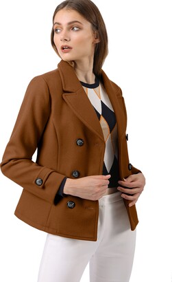 Allegra K Women's Elegant Coats Notched Lapel Double Breasted Short Pea Coat  Dark Brown 12 - ShopStyle