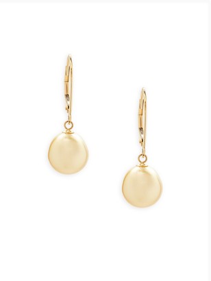BELPEARL 10-11MM Golden Drop South Sea Pearl 14K Yellow Gold Earrings