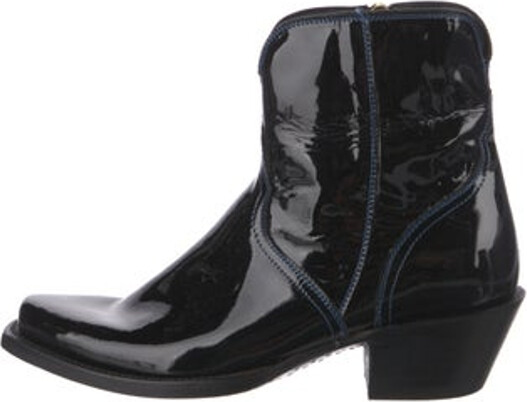 Lucchese Patent Leather Ankle Western Boots Black & Blue Square-Toes with Embroidered Accent Exposed Zip Closure at Sides Includes Box & Dust Bag Designer