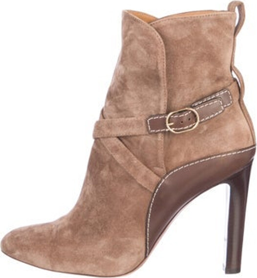 Ralph Lauren Suede Ankle Boots Brown Semi-Pointed Toes Wrap-Around Straps & Buckle Closure at Sides Includes Dust Bag