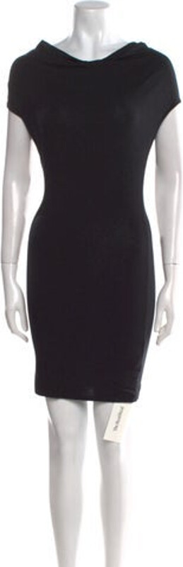 Helmut Lang Sheath Dress Black Short Sleeve with Cowl Neck Exposed Zip Closure at Back Designer