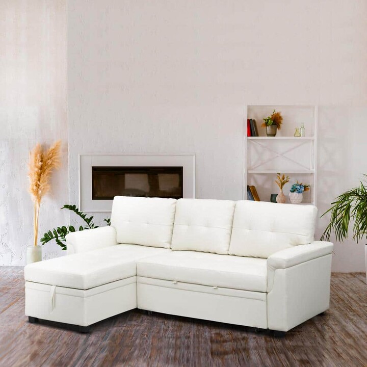 MAYKOOSH 84.64 in. Faux Leather L-Shaped Sleeper Sectional Sofa with Square Arms in. White, Reversible Chaise and Pull-Out Bed