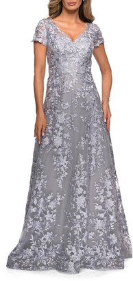 La Femme Embroidered Lace A-Line Gown