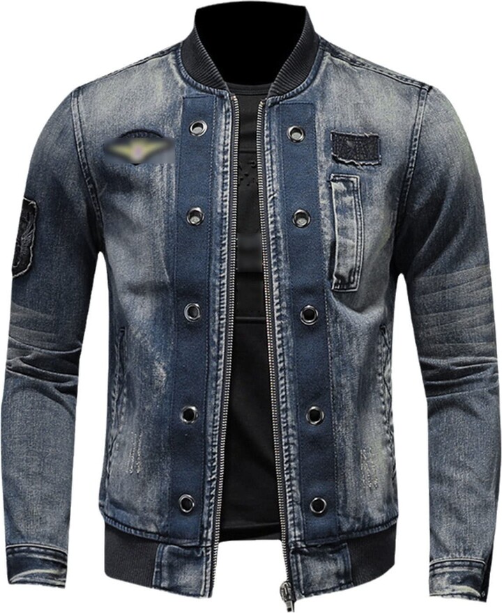 Kelsiop Men's Vintage Stand Collar Bomber Denim Jacket Plus Size Slim