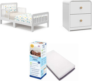 Stork Craft Storkcraft Pasadena Toddler Bed And Santos Nighstand With Mattress 3-Piece Kids Furniture Set - White