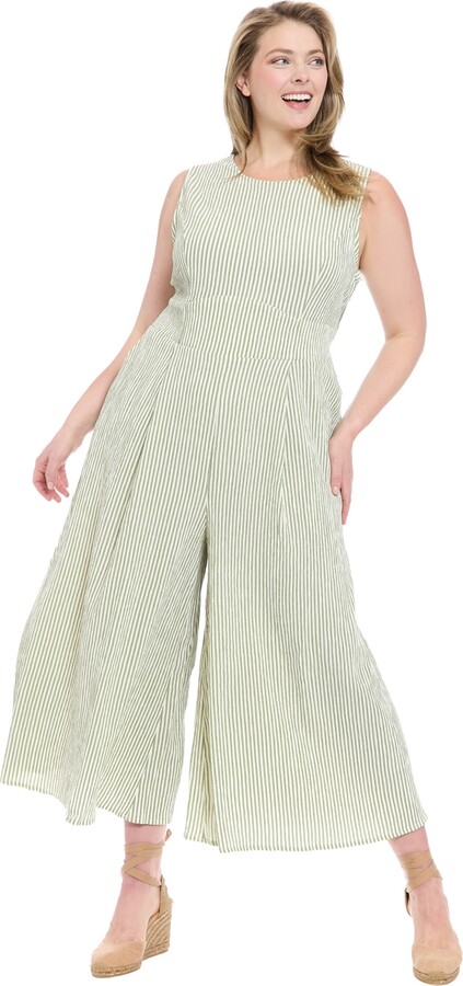 London Times Plus Size Sleeveless Crewneck Jumpsuit - Olive/ivory 6