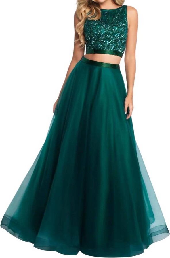 Blush Prom Hand Beaded Boatneck Tulle Two Piece Gown In Evergreen