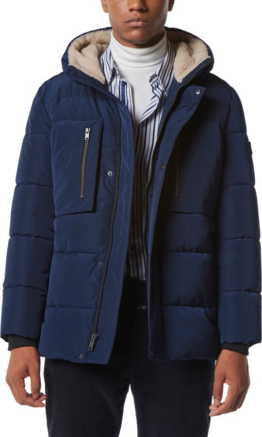 Andrew Marc Men's Yarmouth Micro Sheen Parka Jacket with Fleece-Lined Hood