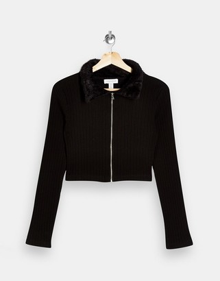 Topshop cardigan with faux fur collar in black