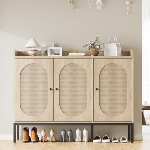 JojokaFreestandingRattanShoeCabinetwith3Doorsand4AdjustableShelvesforEntrywayStorageOak