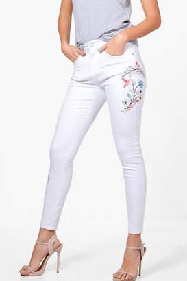 boohoo Jess Mid Rise Embroidered Skinny Jeans