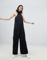Thumbnail for your product : Lost Ink sleeveless jumpsuit with buckle collar in tonal stripe