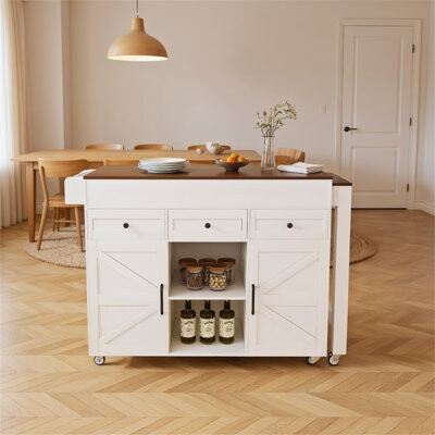 Lark Manor Kitchen Island With Extendable Dining Table & Power Outlet - Rolling Storage Cart On Wheels With 3 Drawers & 2 Door Cabinet White
