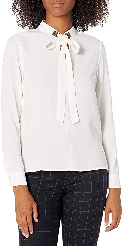 Tahari ASL Womens Tie Neck Long Sleeve Blouse with Hardware 