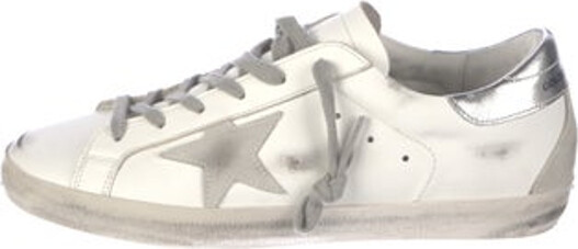Golden Goose Super-Star Low Top Sneakers Green & White Leather Printed Rubber & Suede Trim Round-Toes with Distressed Accents Lace-Up Closure at Uppers Includes Box & Dust Bag Designer