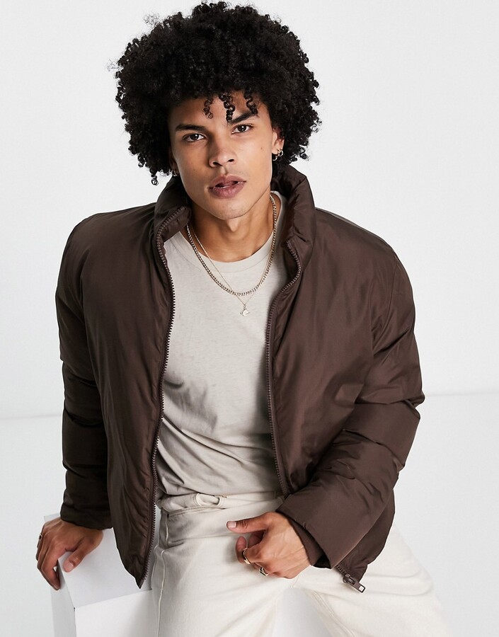 ASOS DESIGN cropped puffer jacket in brown - ShopStyle