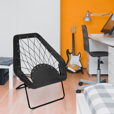 Relaxdays Webster Bungee Chair Foldable HxWxD: 70 x 84 x 75 cm Black up to 100 kg Steel Spring System Side Pockets Elastic 