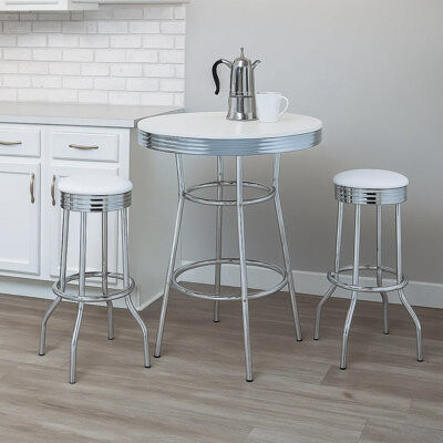 Benjara Loy 3 Piece Retro Bar Table Set, Round White Top, 2 Stools, Chrome