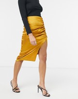 Thumbnail for your product : John Zack ruched detail midi skirt with thigh split in tonal mustard snake print