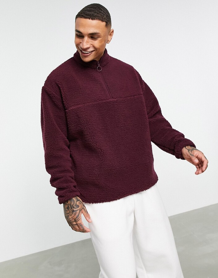 ASOS DESIGN oversized teddy fleece half zip sweatshirt in burgundy