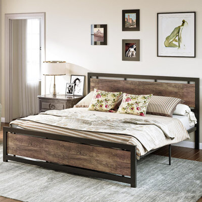 Blooming Walnut Finish King Size Metal Platform Bed Frame With Headboard, Sturdy Steel Slats, Easy Assembly