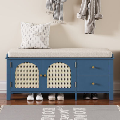 Vintage Shoe Storage Bench with Cushion, 2 Drawers & Rattan Doors – Entryway, Bedroom & Living Room Shoe Bench (White)