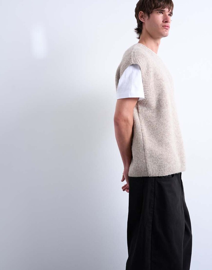 Topman oversized fit knit crew neck tank top in stone