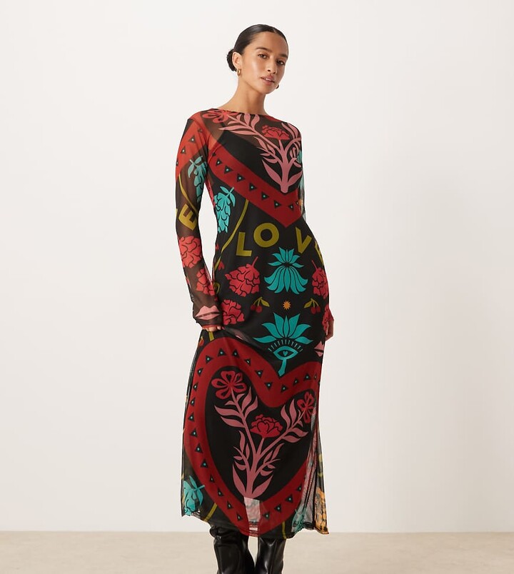 NEVER FULLY DRESSED Petite mesh midaxi dress in bright abstract print