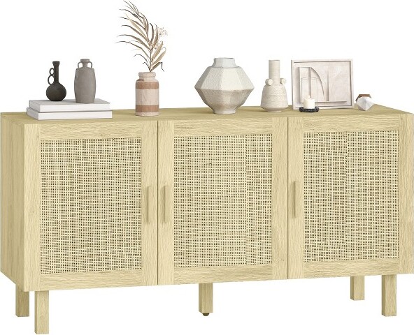 HOMCOMBuffetCabinetStorageCabinetSideboardFloorAccentCabinetwith3RattanDoorsandAdjustableShelvesforLivingRoomNatural
