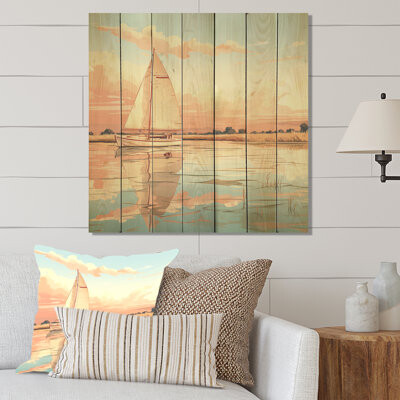 Breakwater Bay Orange Sunset Sailing Paint II - Boat On Wood Print
